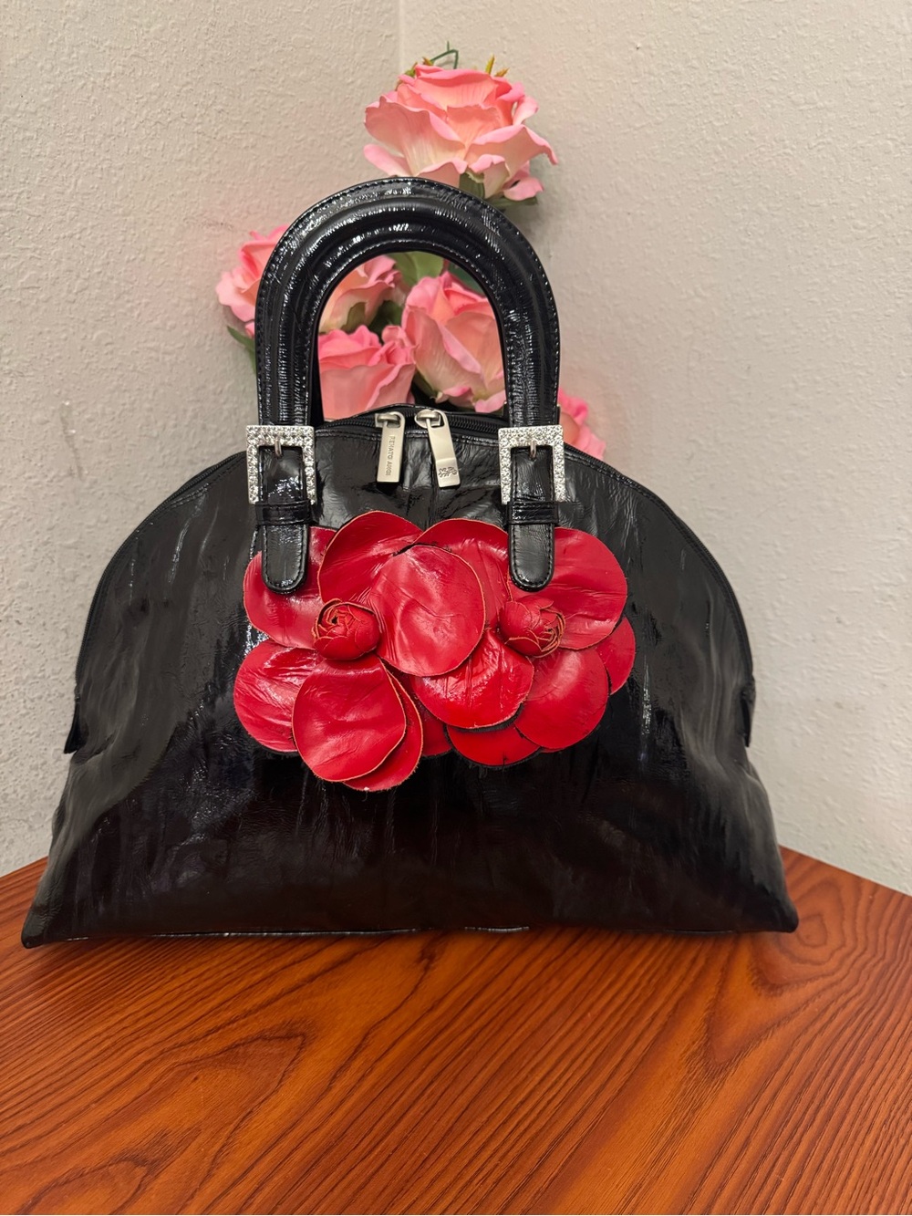 Renato Angi Black Patent Satchel with Red Floral Applique